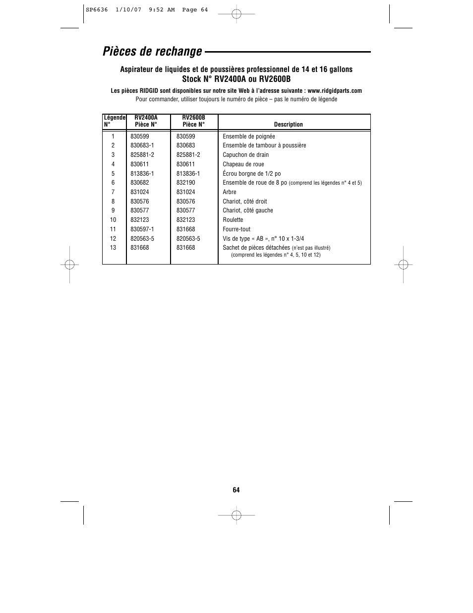 Pièces de rechange | RIDGID RV2400A User Manual | Page 64 / 68