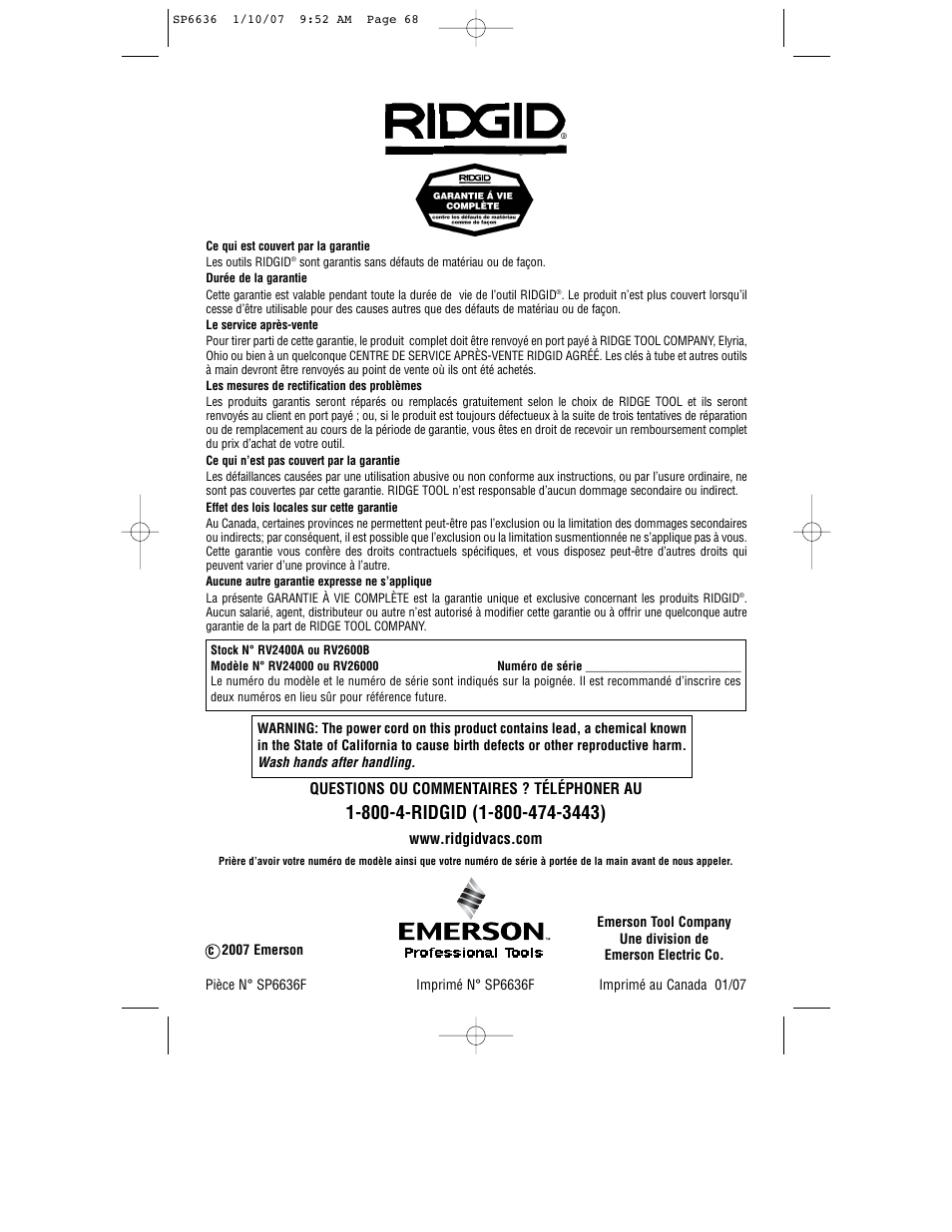 RIDGID RV2400A User Manual | Page 68 / 68