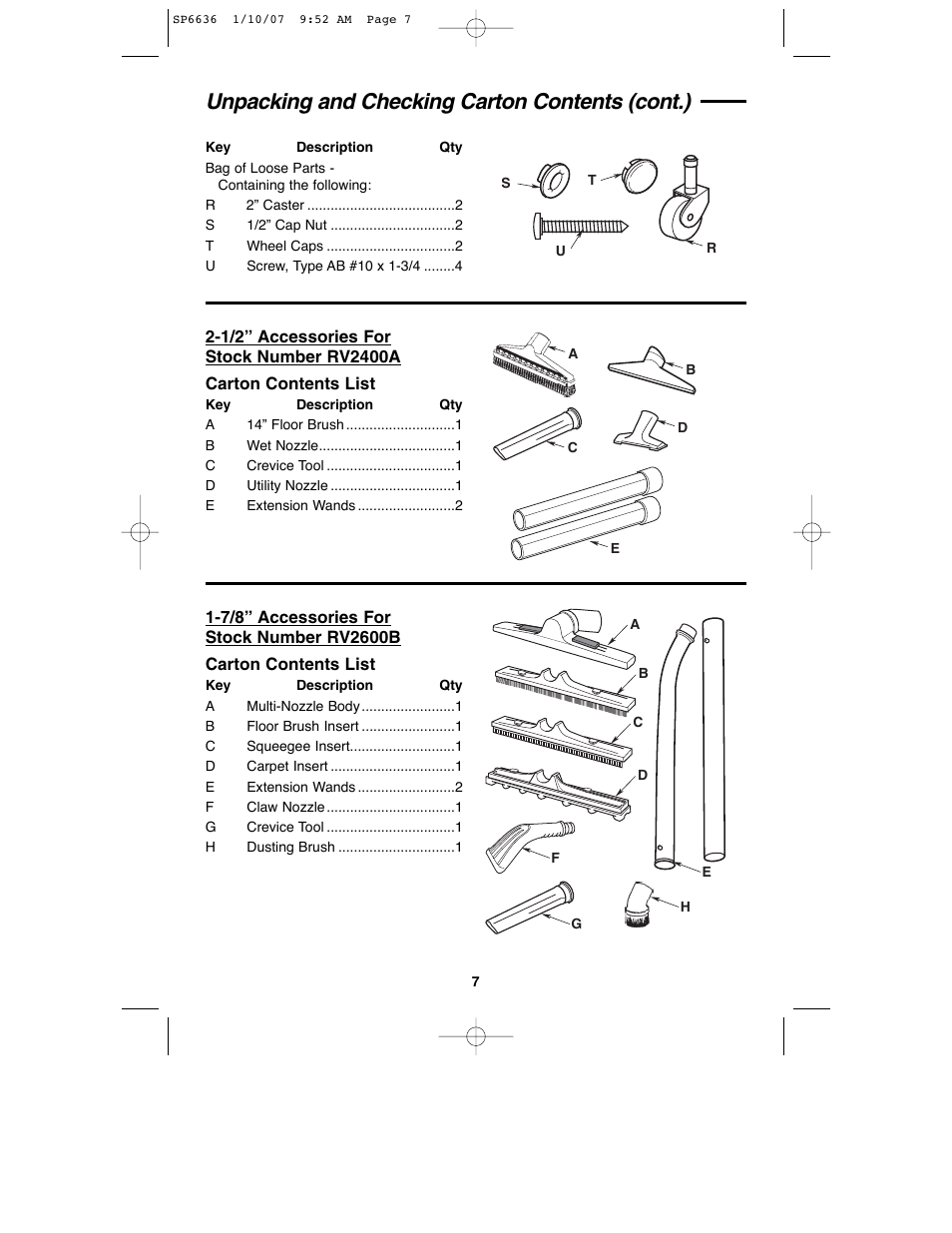 Unpacking and checking carton contents (cont.) | RIDGID RV2400A User Manual | Page 7 / 68