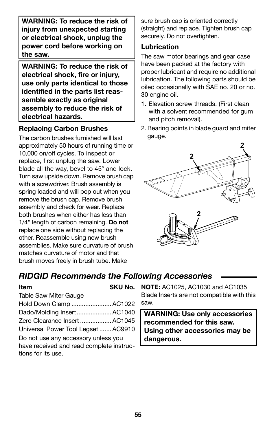 Ofadfa=oéåçããéåçë=íüé=cçääçïáåö=^еейллзкбйл | RIDGID Table Saw User Manual | Page 55 / 68