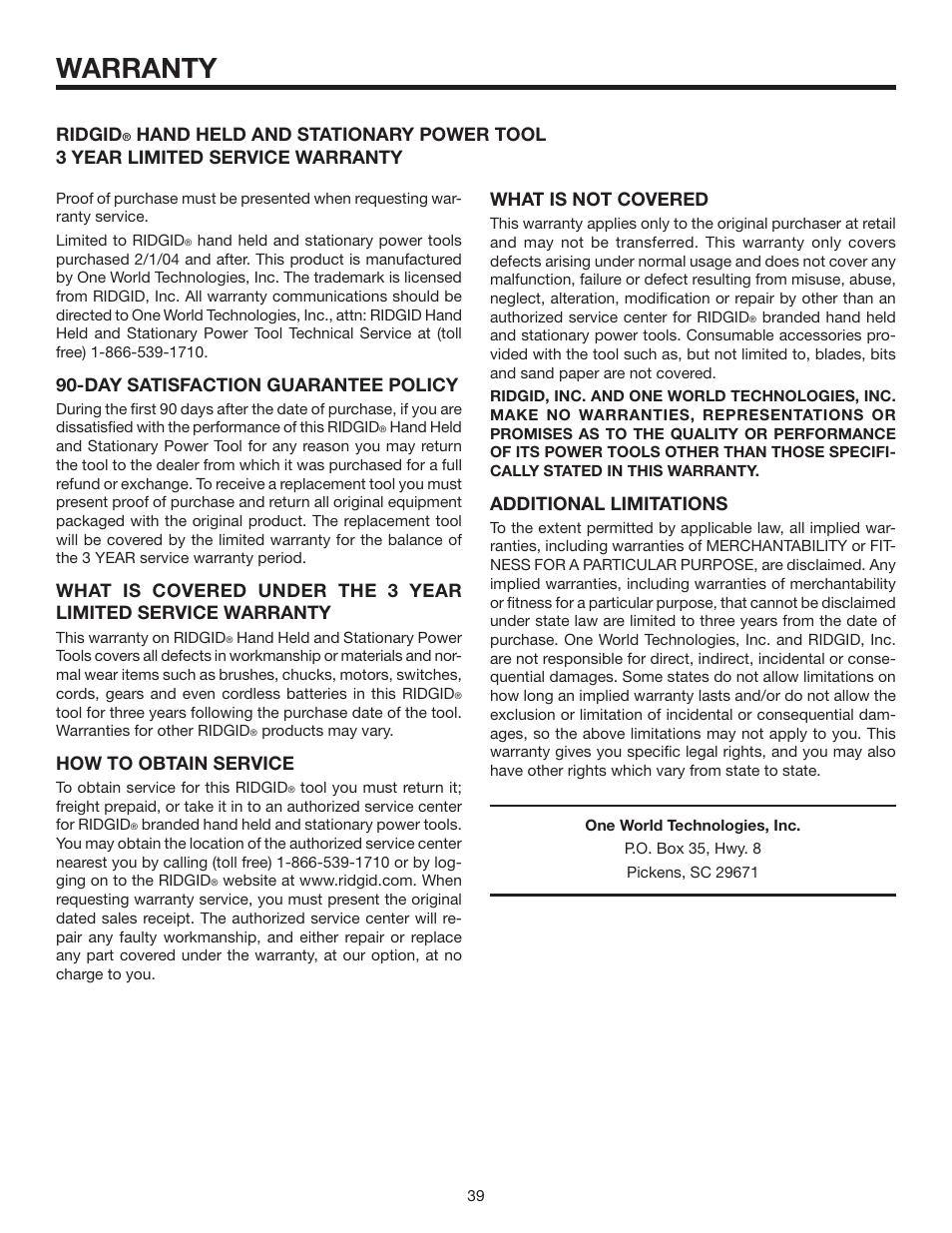 Warranty, Day satisfaction guarantee policy, How to obtain service | Ridgid, Additional limitations | RIDGID R4516 User Manual | Page 39 / 40