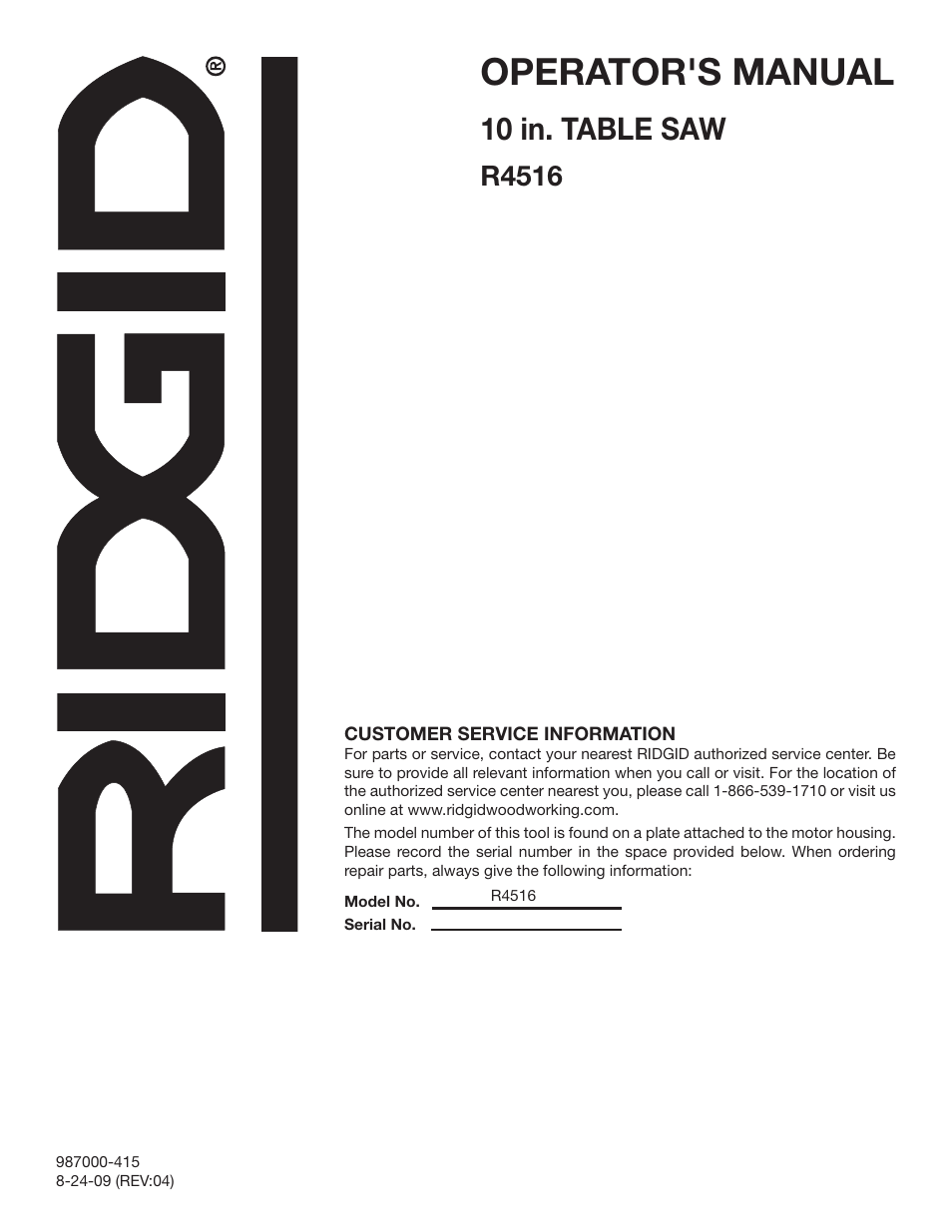 Operator's manual, 10 in. table saw, R4516 | RIDGID R4516 User Manual | Page 40 / 40