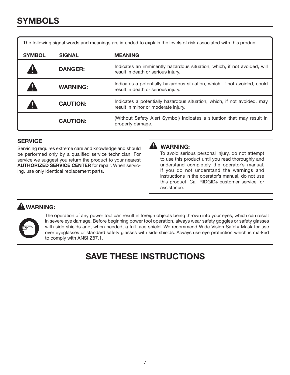 Symbols, Save these instructions | RIDGID R4516 User Manual | Page 7 / 40