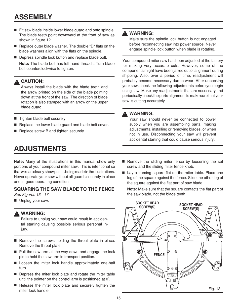 Assembly, Adjustments, Caution | Warning, Squaring the saw blade to the fence, See figures 13 - 17 unplug your saw | RIDGID MS1065LZ User Manual | Page 15 / 30