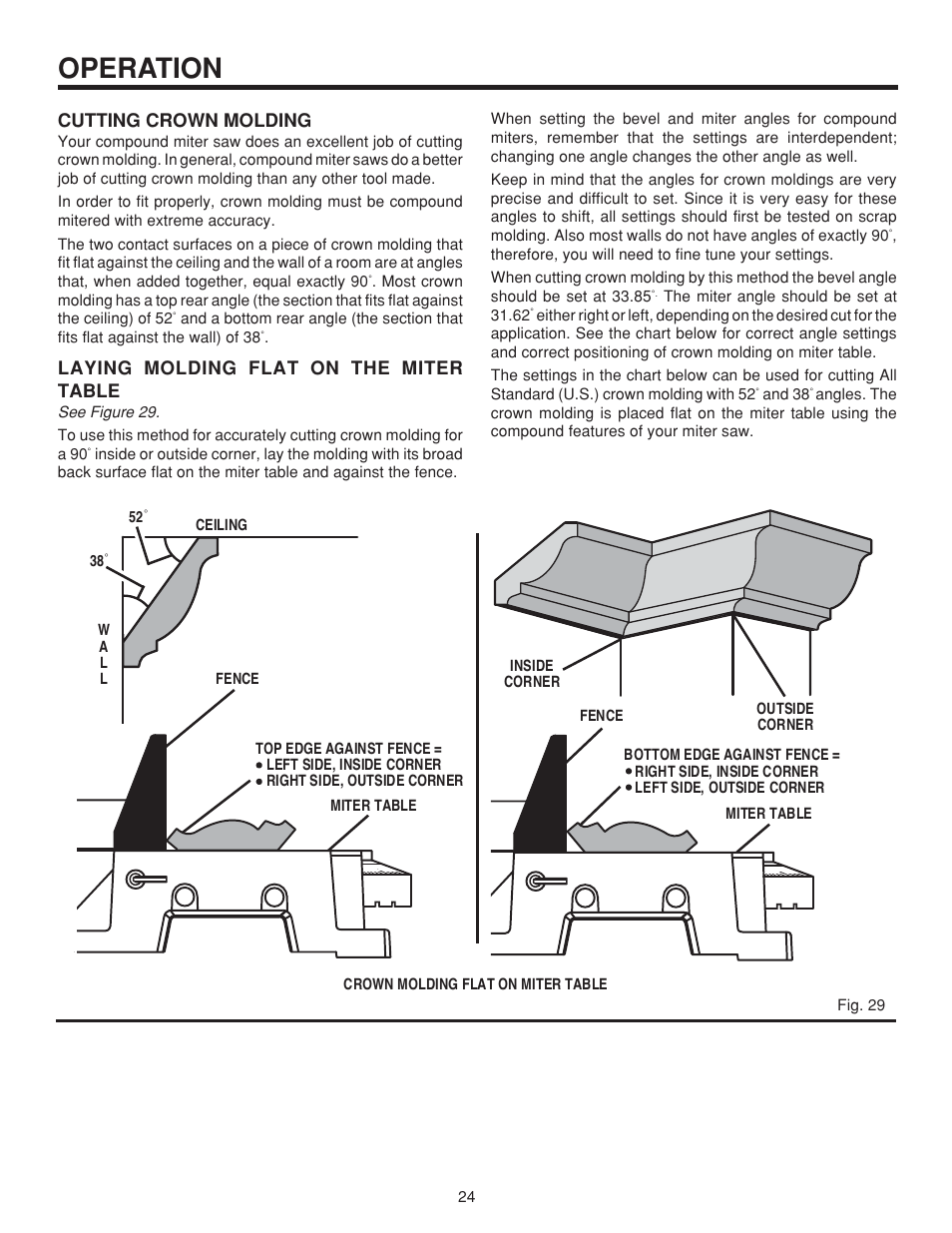 Operation, Cutting crown molding, Laying molding flat on the miter table | RIDGID MS1065LZ User Manual | Page 24 / 30