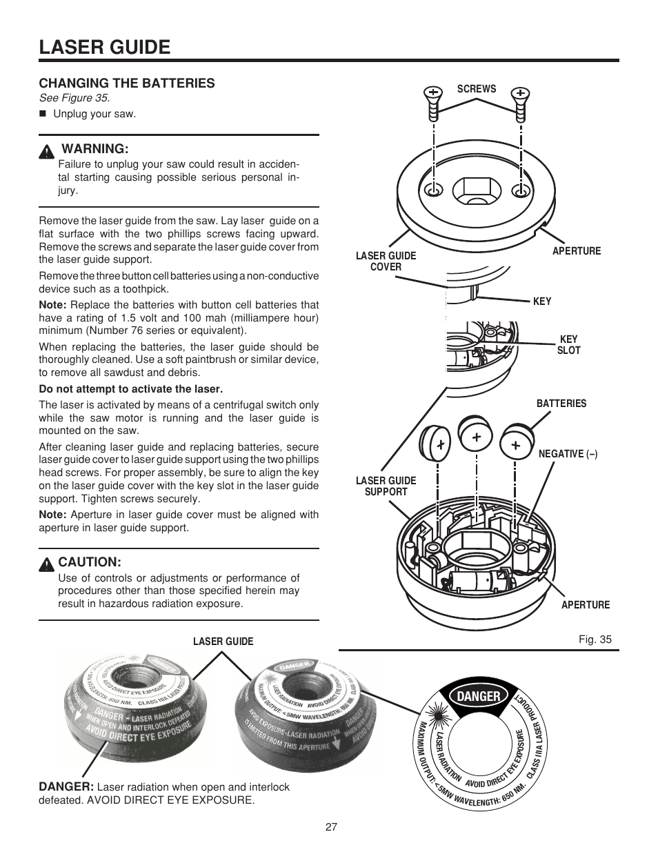Laser guide, Changing the batteries, Warning | Caution, Danger | RIDGID MS1065LZ User Manual | Page 27 / 30