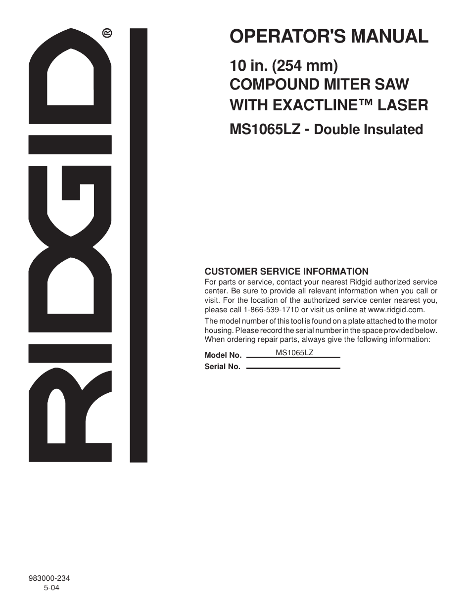 Operator's manual, Ms1065lz, Double insulated | RIDGID MS1065LZ User Manual | Page 30 / 30