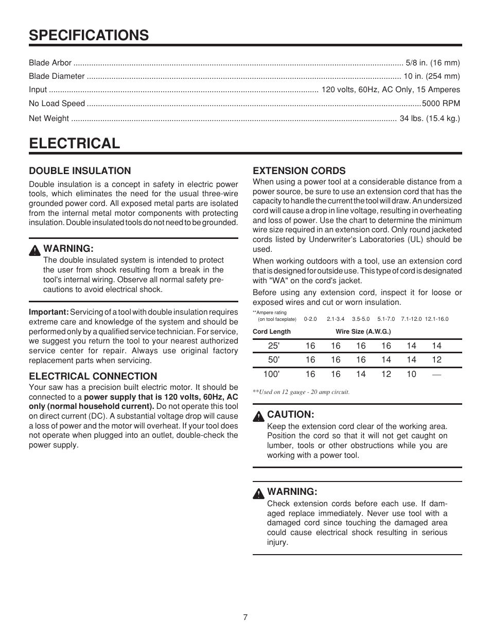 Specifications, Electrical | RIDGID MS1065LZ User Manual | Page 7 / 30