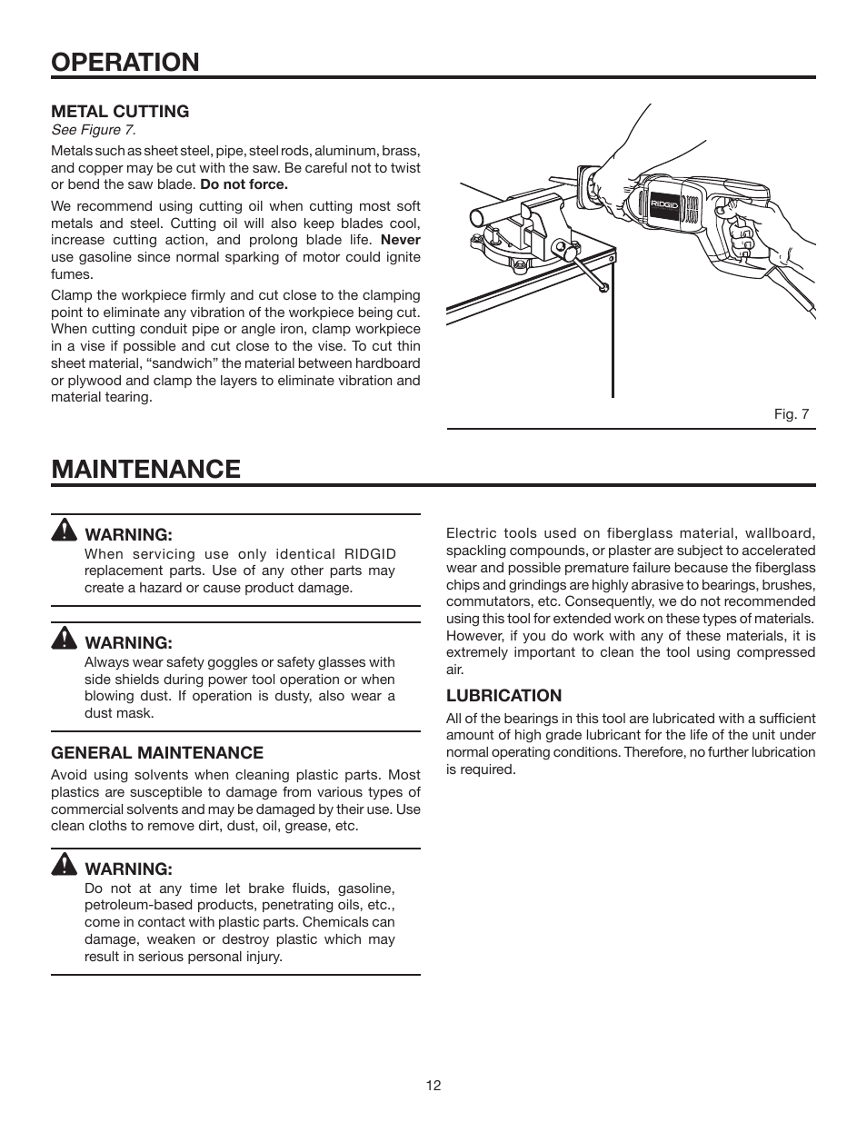 Operation, Maintenance | RIDGID R3001 User Manual | Page 12 / 16