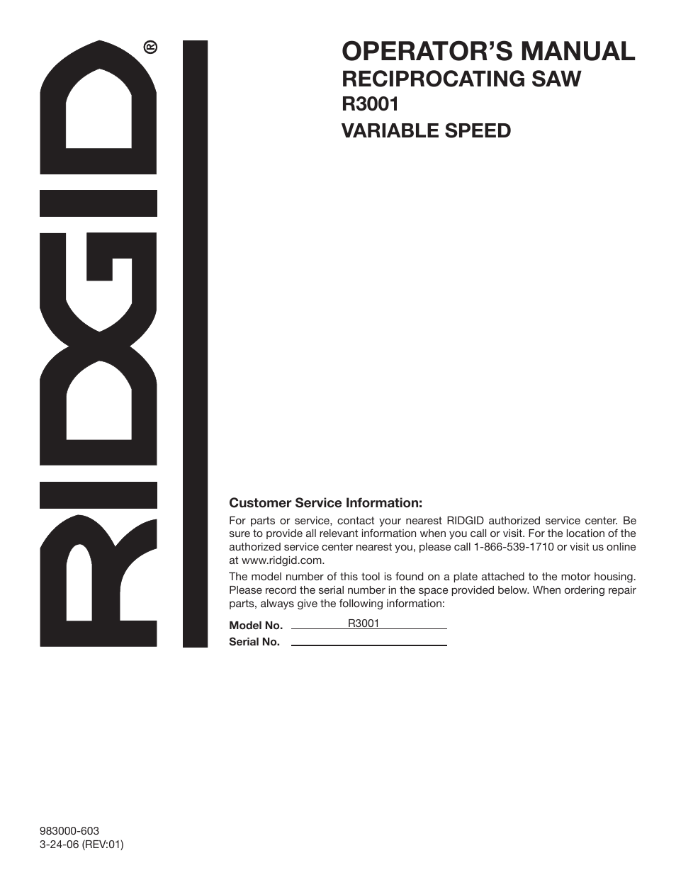 Operator’s manual, Reciprocating saw, R3001 variable speed | RIDGID R3001 User Manual | Page 16 / 16