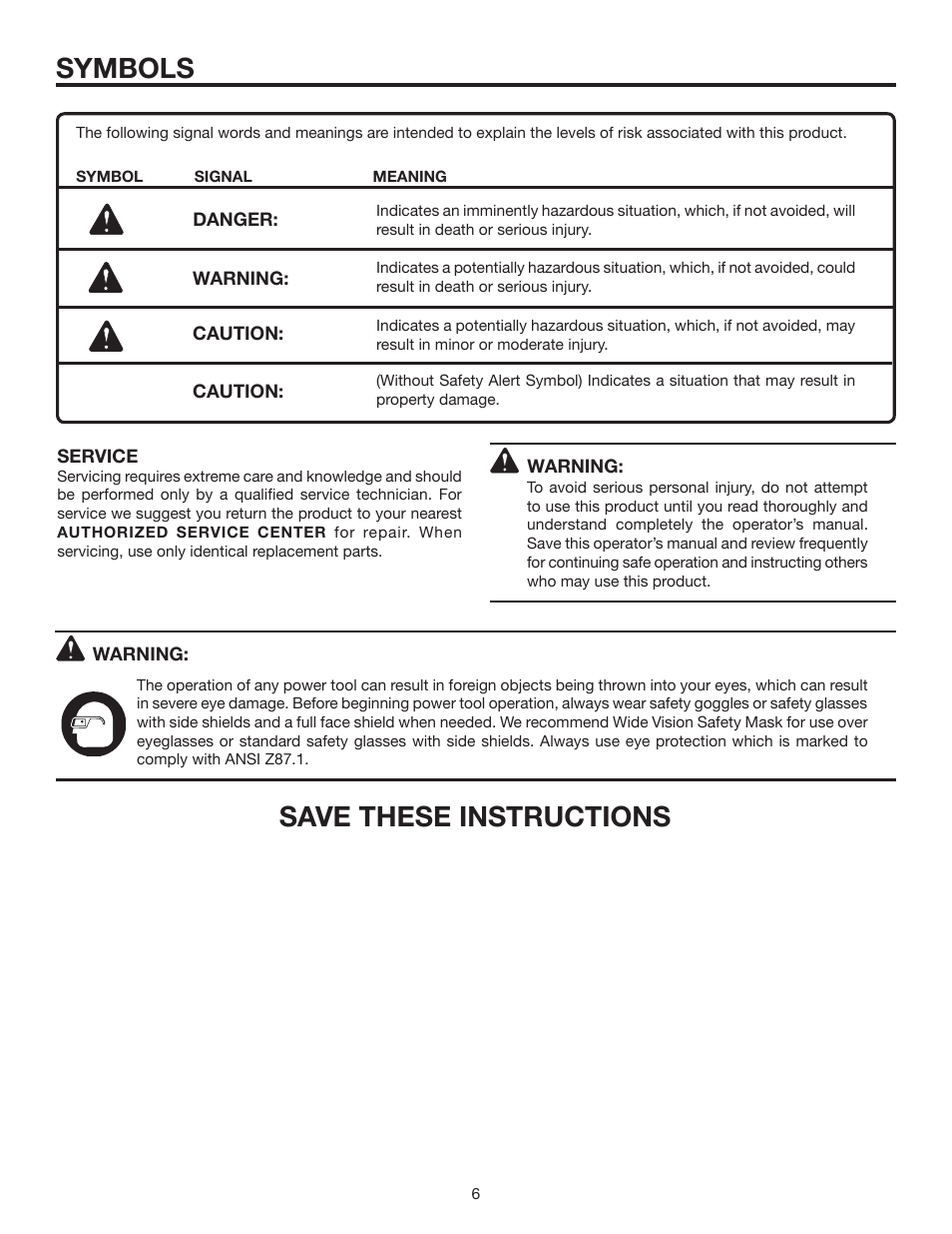 Symbols, Save these instructions | RIDGID R3001 User Manual | Page 6 / 16