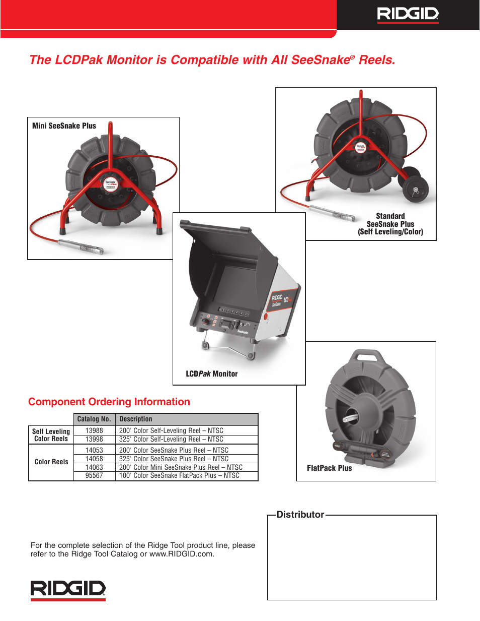 The lcdpak monitor is compatible with all seesnake, Reels, Component ordering information | RIDGID SeeSnake LCDPak Monitor User Manual | Page 2 / 2