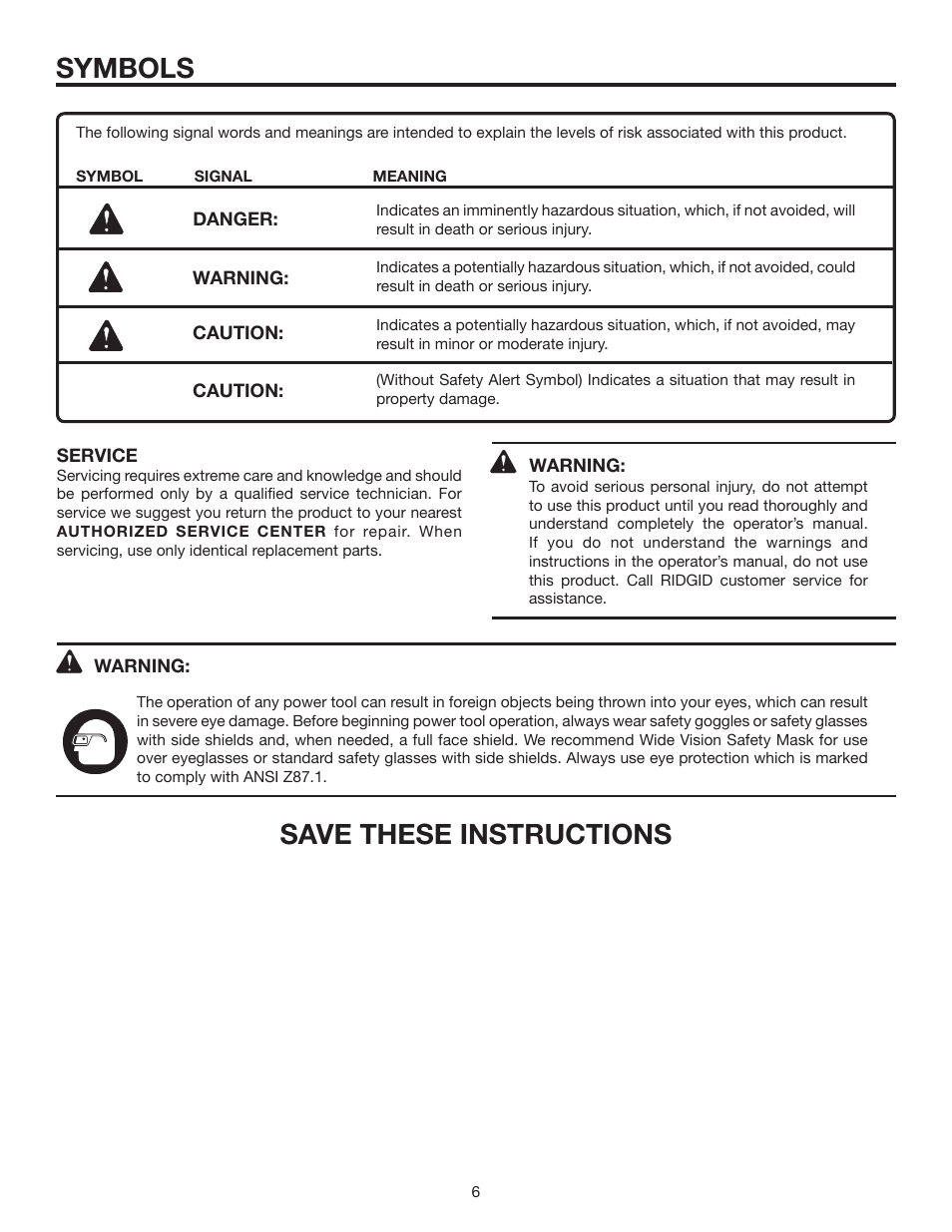 Symbols, Save these instructions | RIDGID R3020 User Manual | Page 6 / 16