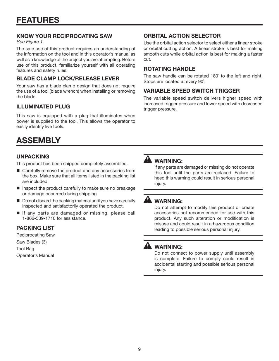 Features, Assembly | RIDGID R3020 User Manual | Page 9 / 16