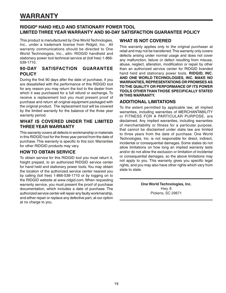 Warranty | RIDGID R3120 User Manual | Page 19 / 20