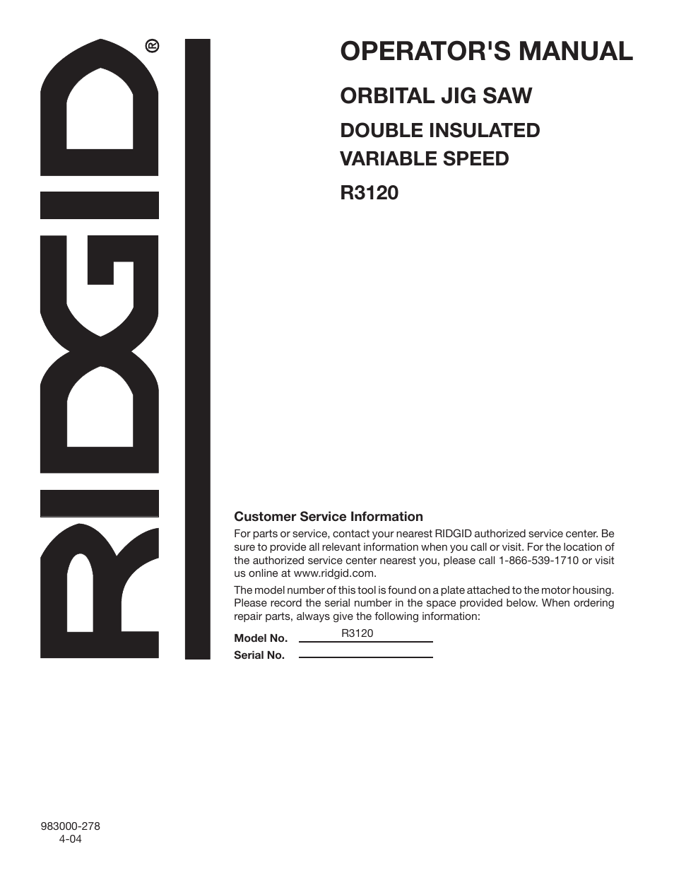 Operator's manual, Orbital jig saw, Double insulated variable speed r3120 | RIDGID R3120 User Manual | Page 20 / 20