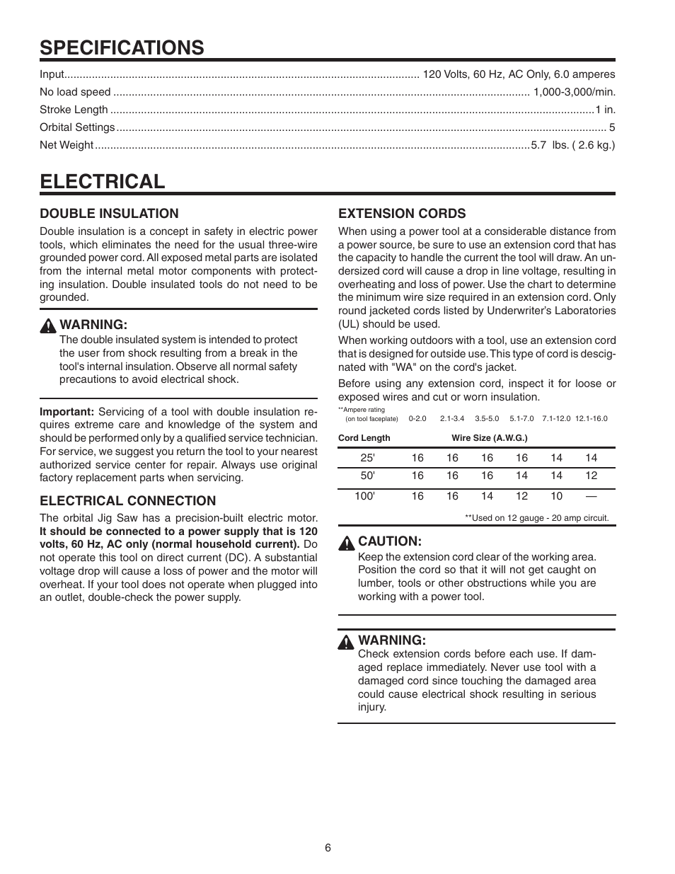 Specifications, Electrical | RIDGID R3120 User Manual | Page 6 / 20