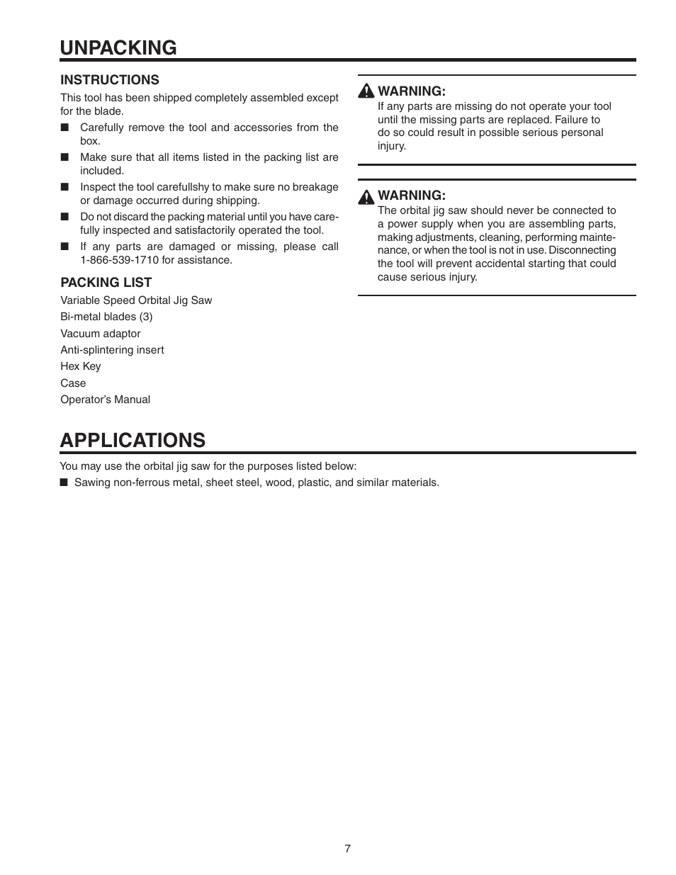 Unpacking, Applications | RIDGID R3120 User Manual | Page 7 / 20