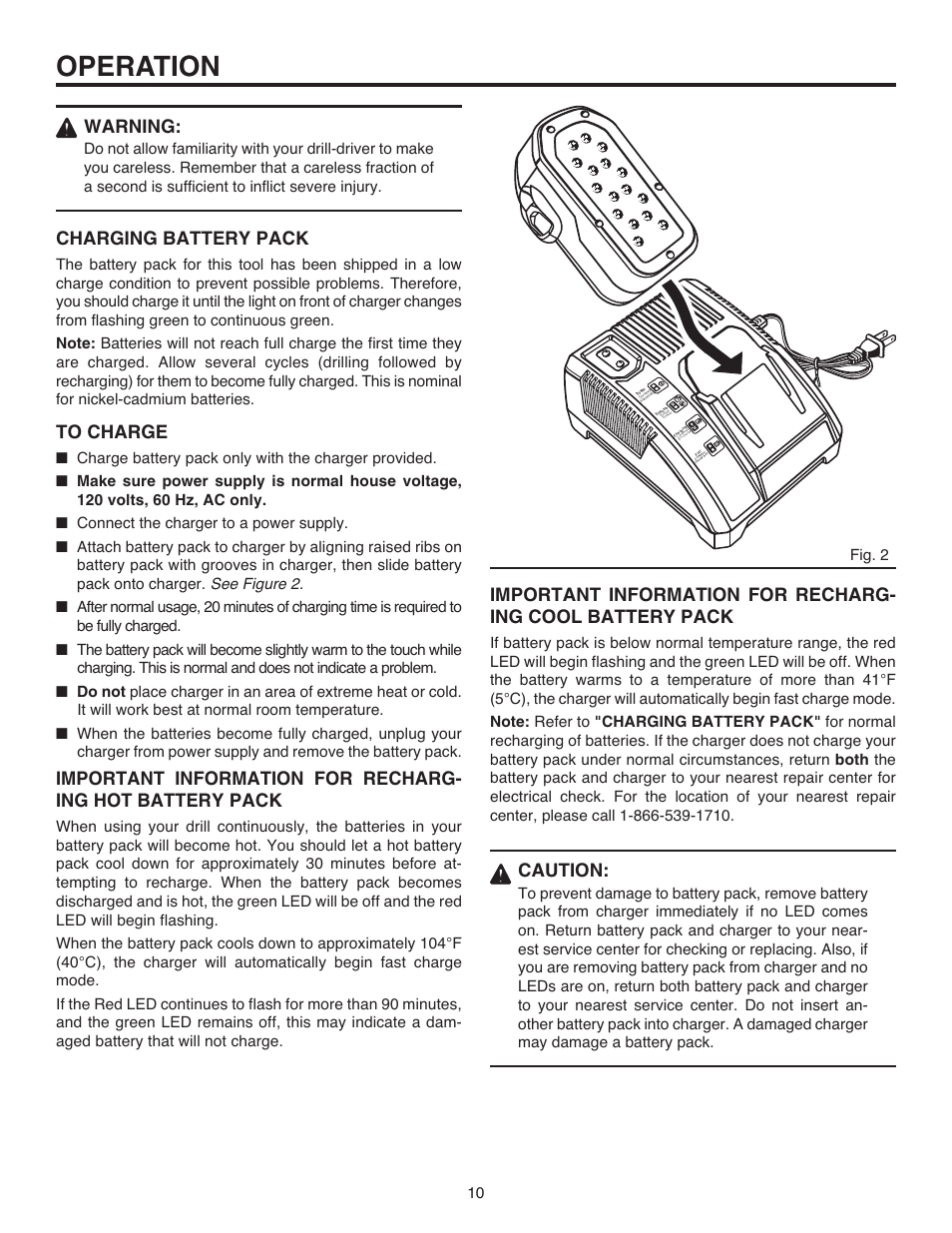 Operation, Warning, Charging battery pack | Caution, Fig. 2 | RIDGID R84001 User Manual | Page 10 / 20