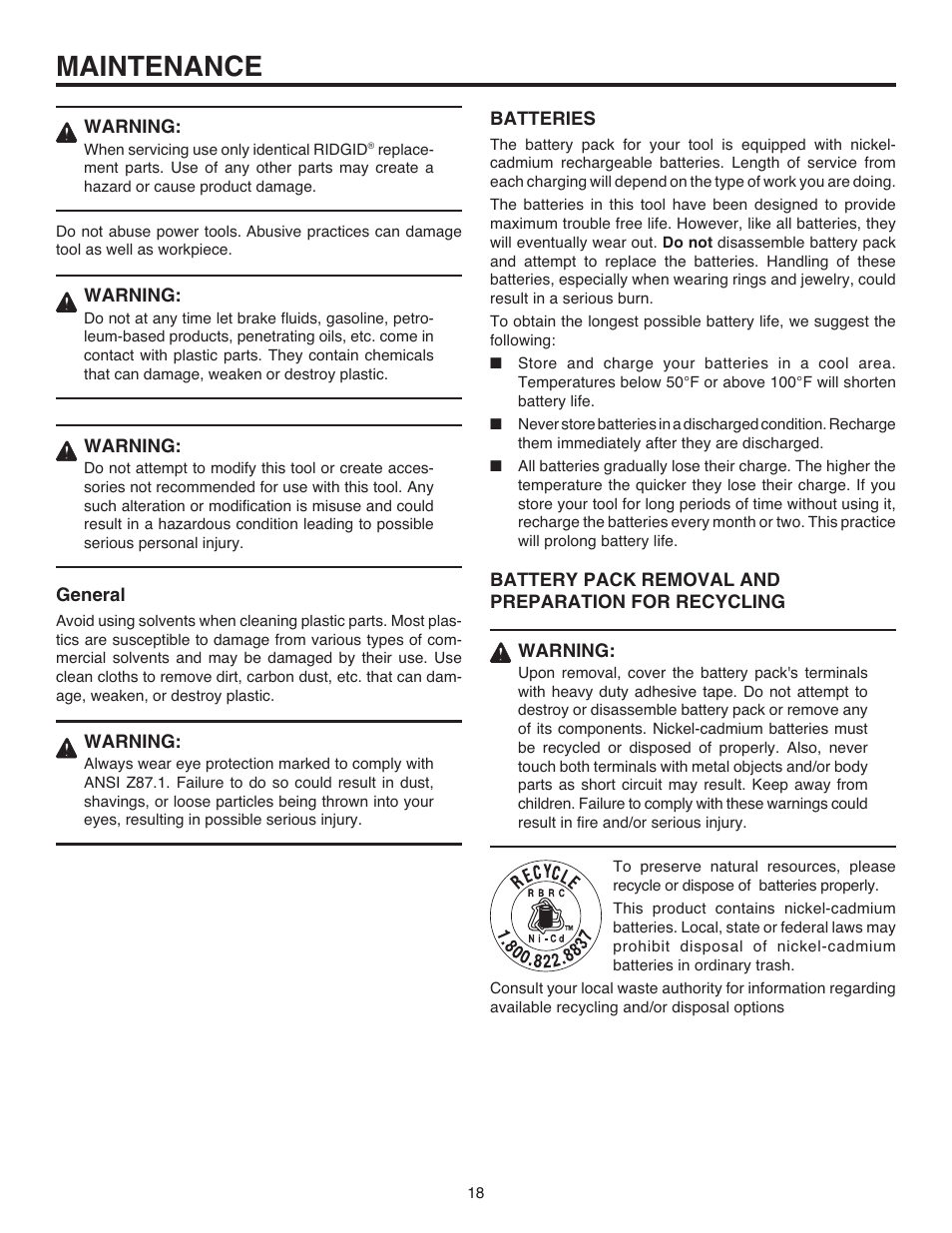 Maintenance | RIDGID R84001 User Manual | Page 18 / 20