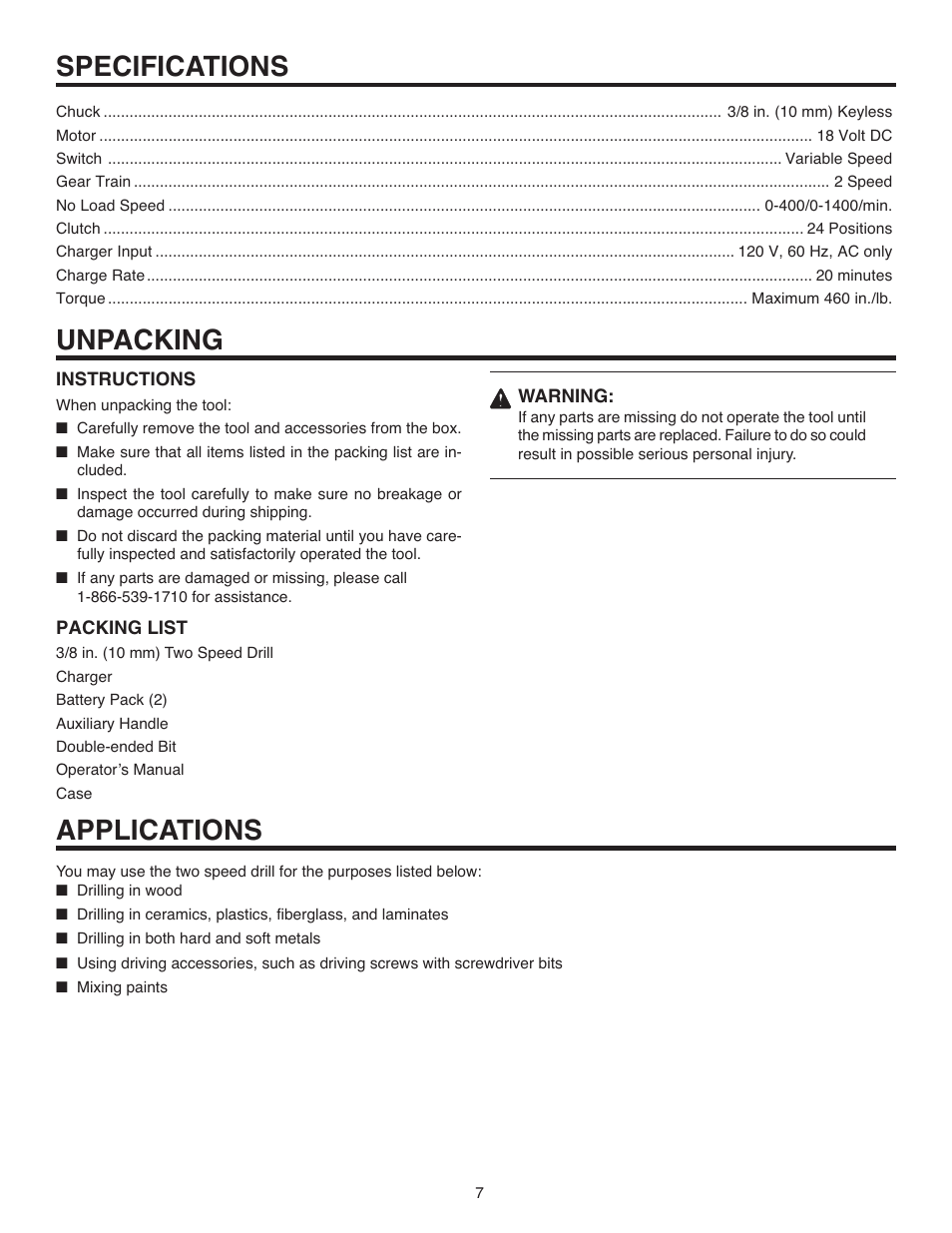Specifications unpacking, Applications | RIDGID R84001 User Manual | Page 7 / 20
