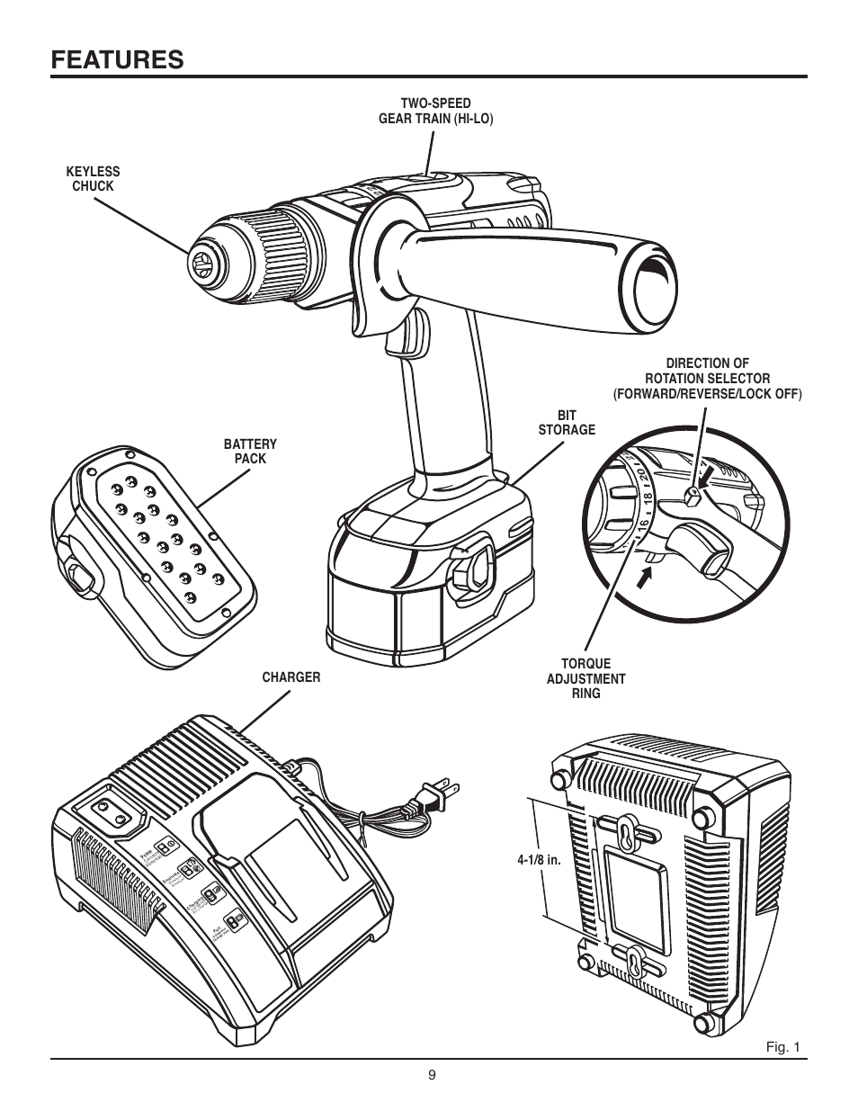 Features, Keyless chuck, Battery pack charger 4-1/8 in | RIDGID R84001 User Manual | Page 9 / 20