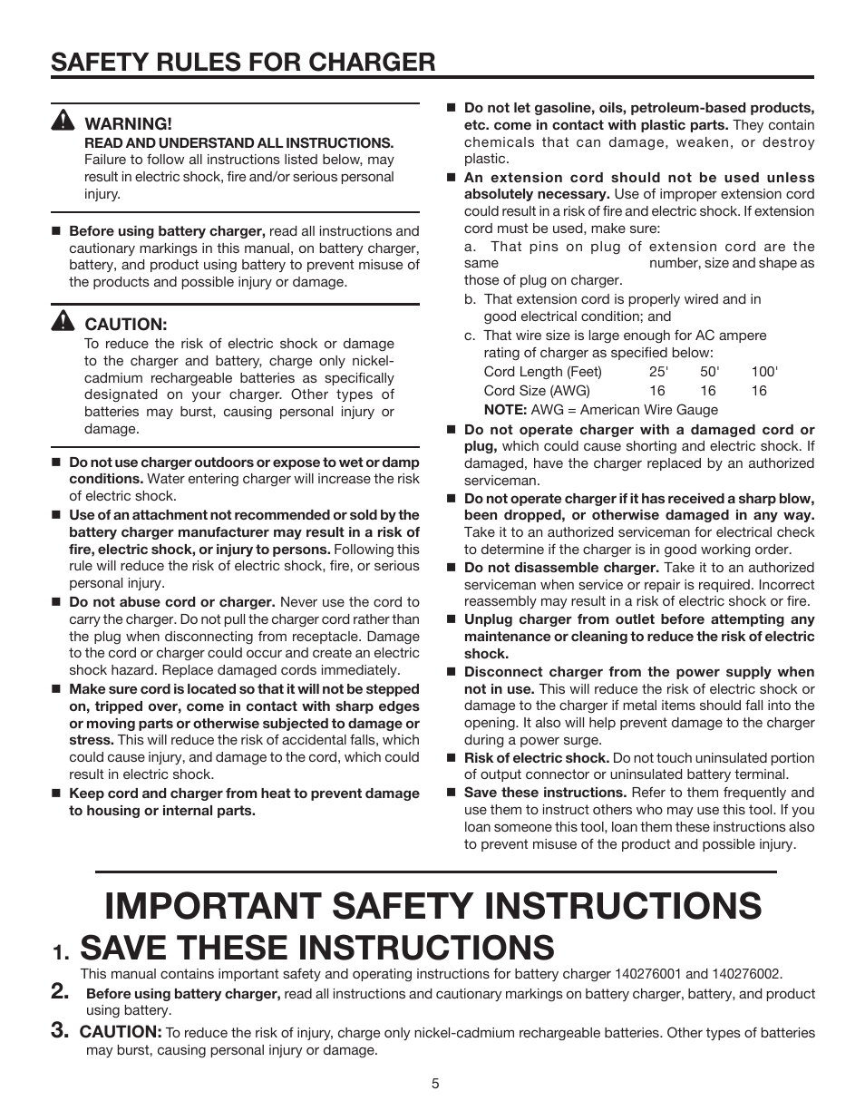 Important safety instructions, Save these instructions, Safety rules for charger | RIDGID R82233 User Manual | Page 5 / 18