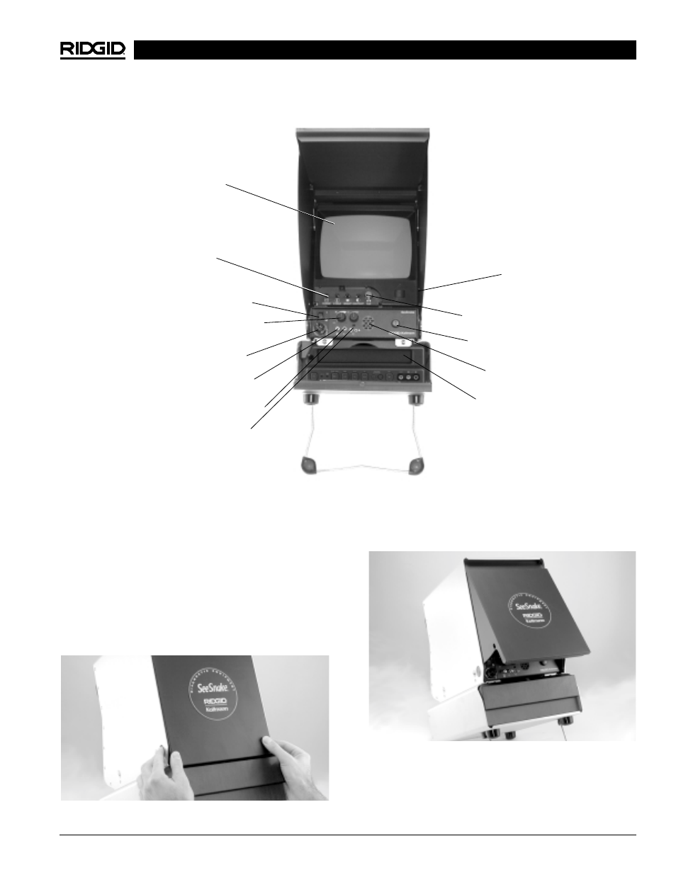Componentes del monitor, Videograbadora, Visera solar/puertas protectoras | RIDGID 120V User Manual | Page 35 / 43