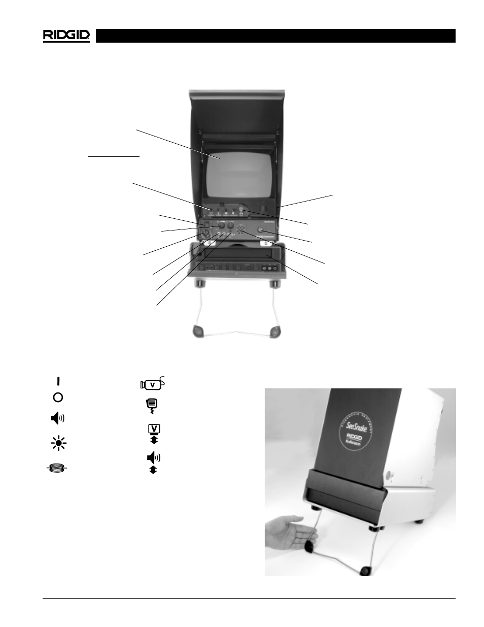 Monitor, Vcr set-up, Vcr components | Icon legend, Tilt stand | RIDGID 120V User Manual | Page 7 / 43