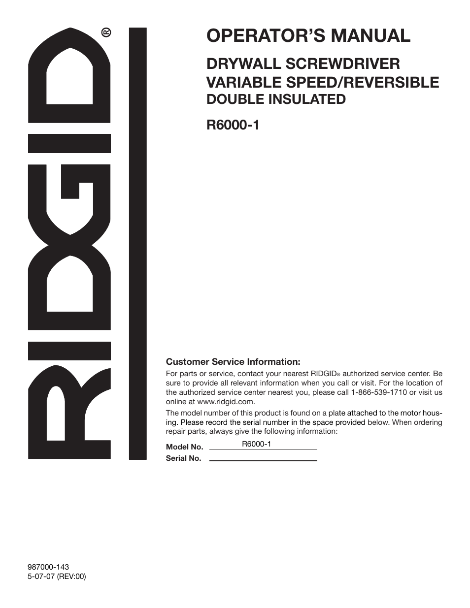 Operator’s manual, Drywall screwdriver variable speed/reversible | RIDGID R6000-1 User Manual | Page 14 / 14