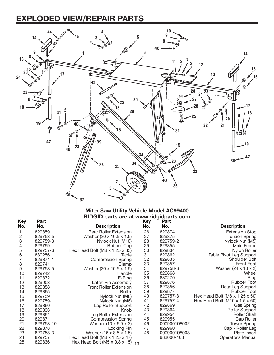 Exploded view/repair parts | RIDGID AC9940 User Manual | Page 13 / 16