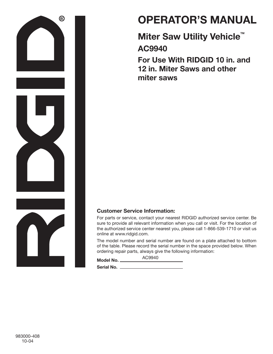 Operator’s manual, Miter saw utility vehicle, Ac9940 | RIDGID AC9940 User Manual | Page 16 / 16