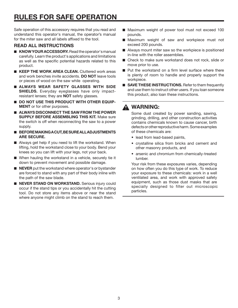 Rules for safe operation, Warning | RIDGID AC9940 User Manual | Page 3 / 16