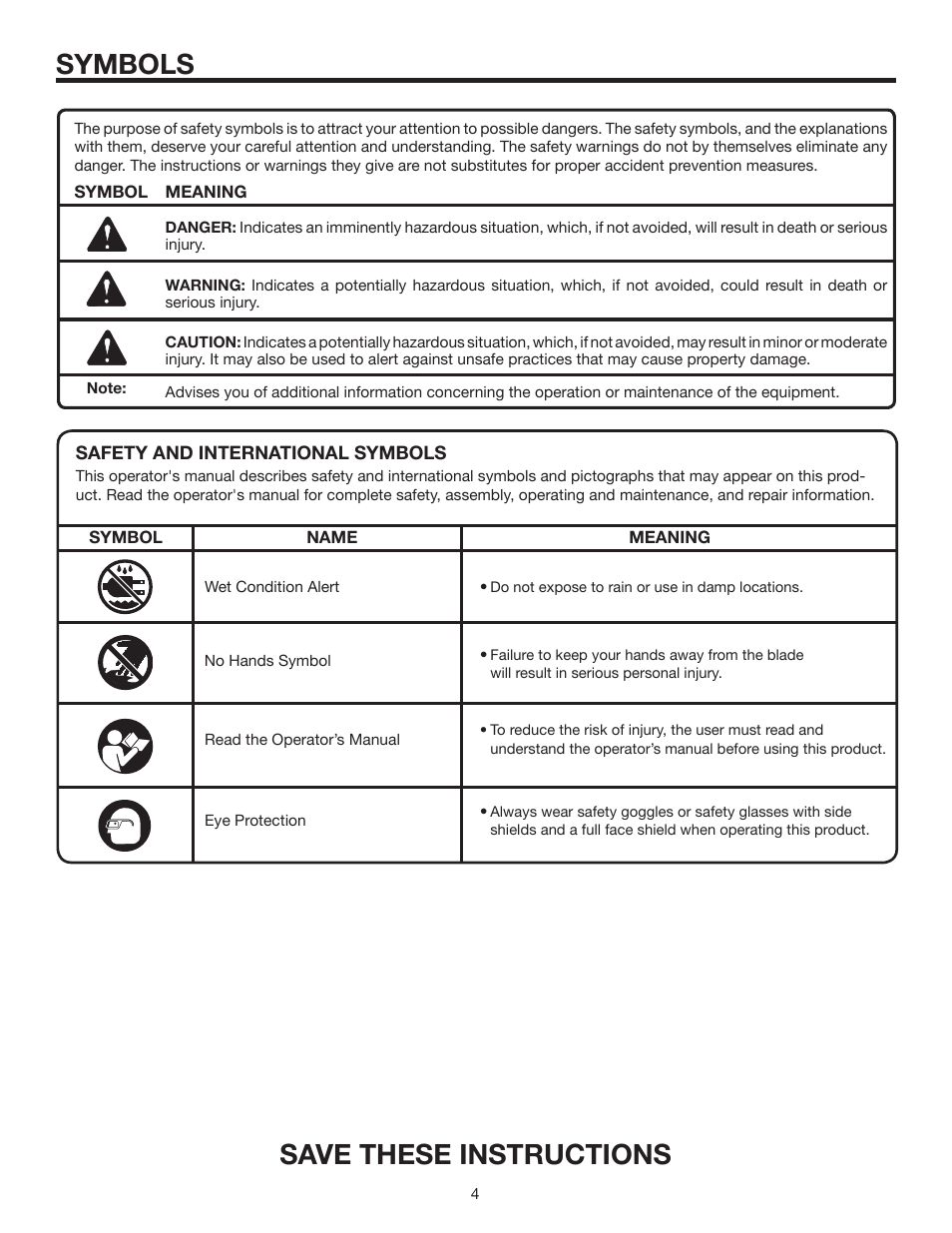 Symbols, Save these instructions | RIDGID AC9940 User Manual | Page 4 / 16