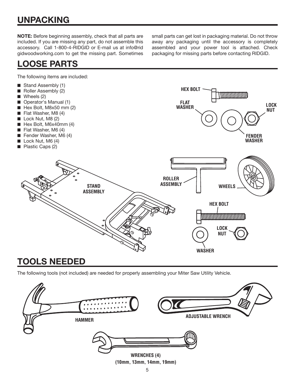 Unpacking, Tools needed, Loose parts | RIDGID AC9940 User Manual | Page 5 / 16