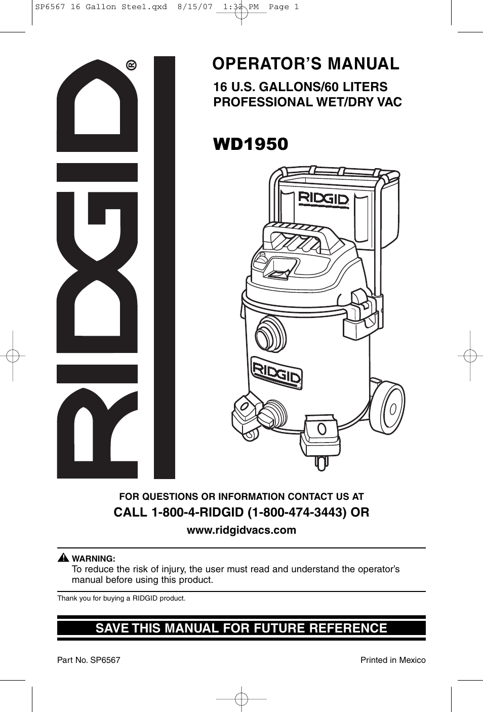 RIDGID WD1950 User Manual | 44 pages