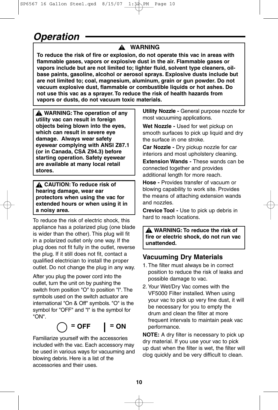 Operation, Vacuuming dry materials, Off = on | RIDGID WD1950 User Manual | Page 10 / 44