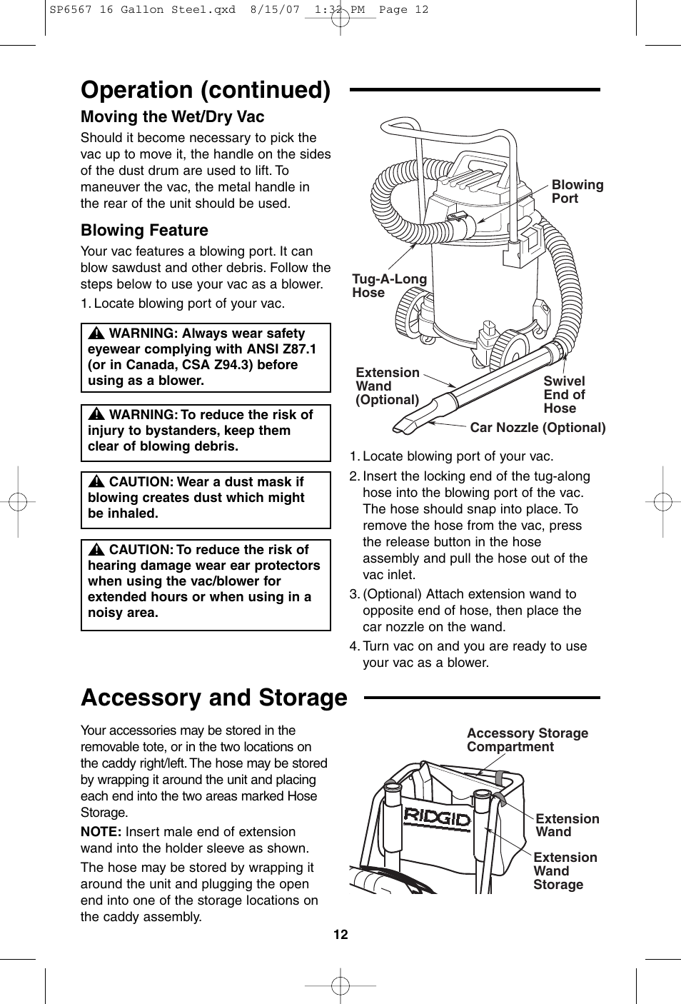 Accessory and storage, Operation (continued), Moving the wet/dry vac | Blowing feature | RIDGID WD1950 User Manual | Page 12 / 44