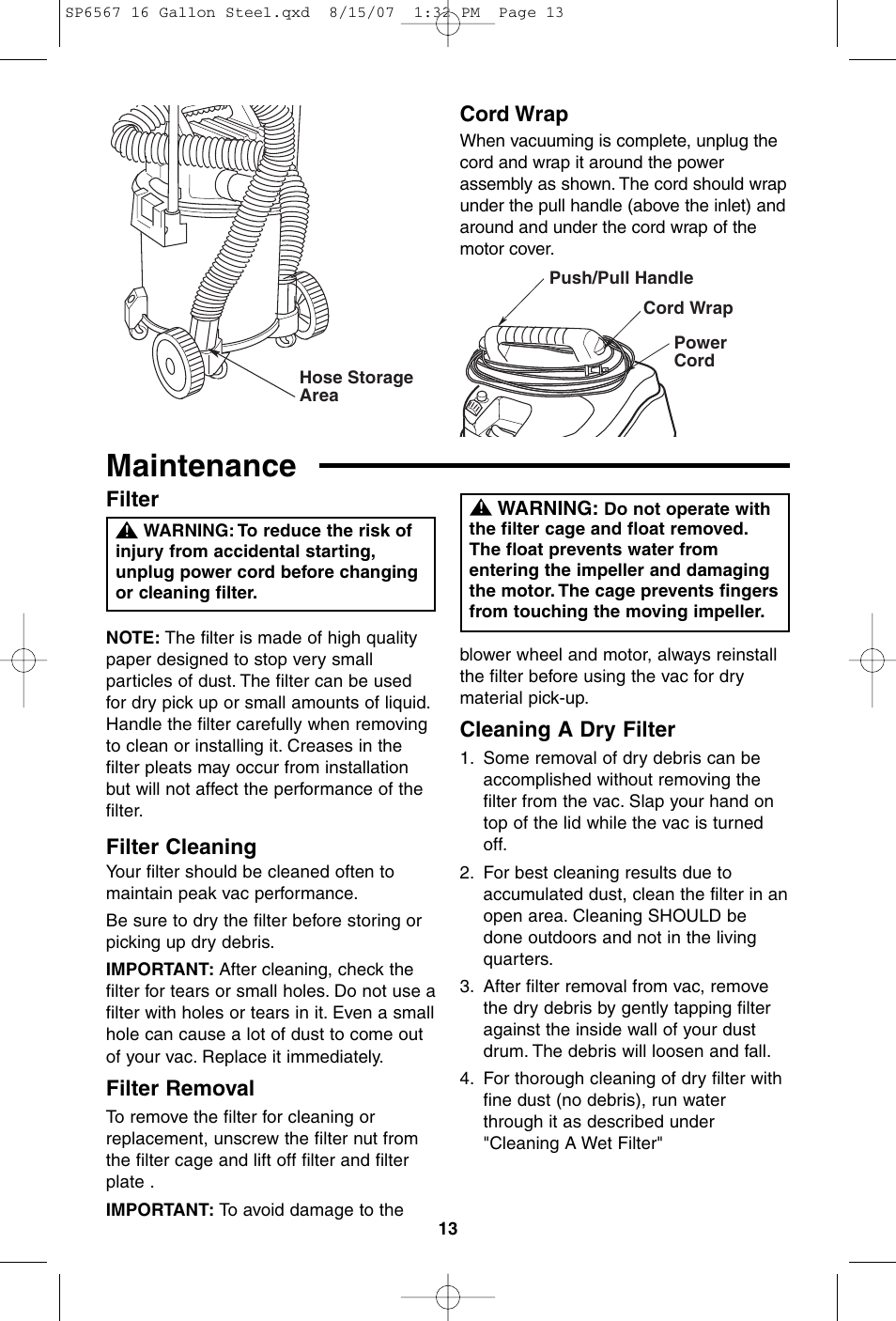Maintenance, Filter cleaning, Filter removal | Filter cord wrap, Cleaning a dry filter | RIDGID WD1950 User Manual | Page 13 / 44