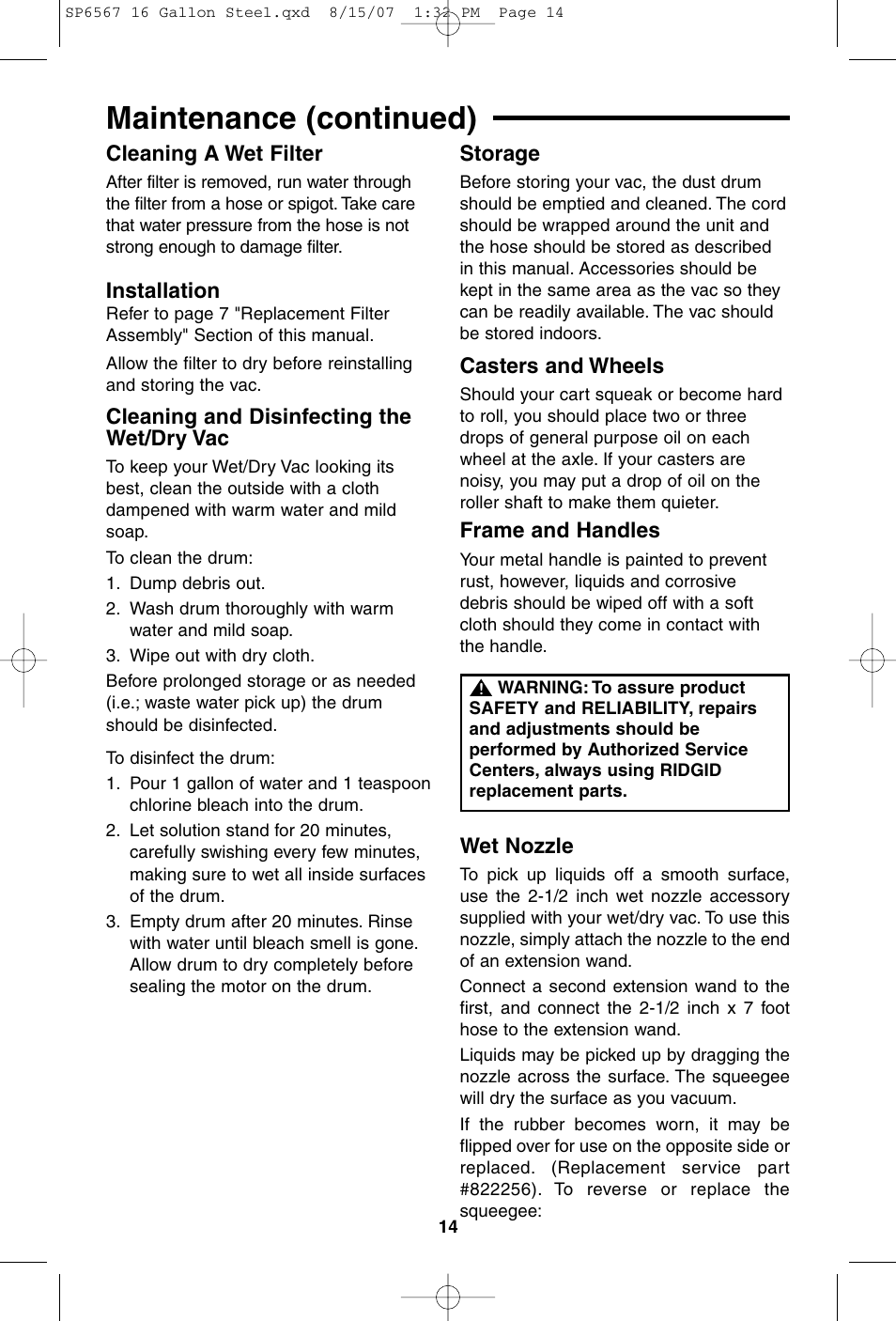 Maintenance (continued), Cleaning a wet filter, Installation | Cleaning and disinfecting the wet/dry vac, Storage, Casters and wheels, Frame and handles, Wet nozzle | RIDGID WD1950 User Manual | Page 14 / 44