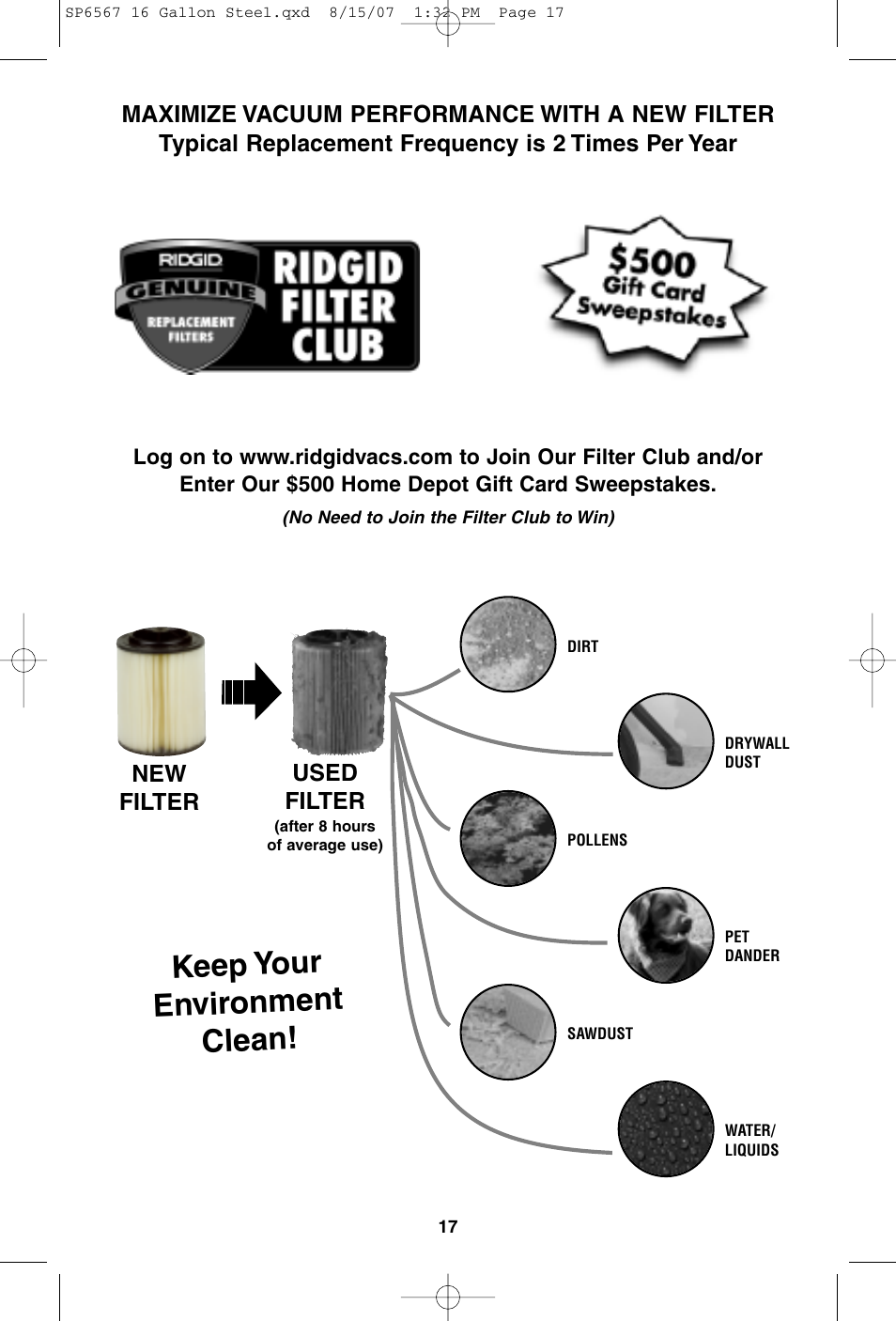 Keep your environment clean | RIDGID WD1950 User Manual | Page 17 / 44