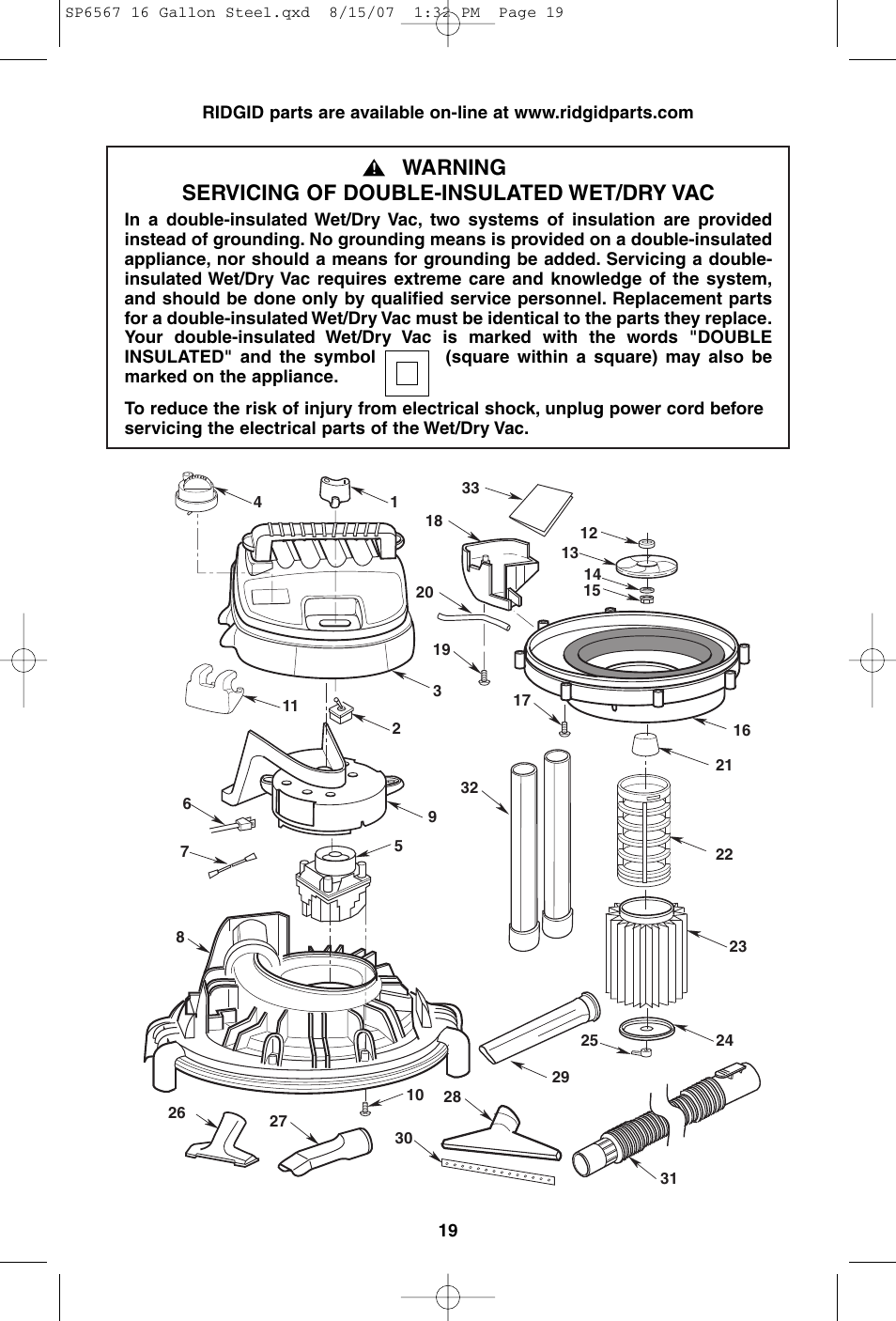 Warning servicing of double-insulated wet/dry vac | RIDGID WD1950 User Manual | Page 19 / 44