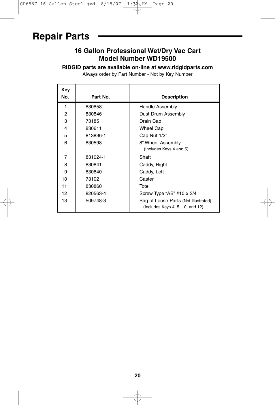 Repair parts | RIDGID WD1950 User Manual | Page 20 / 44