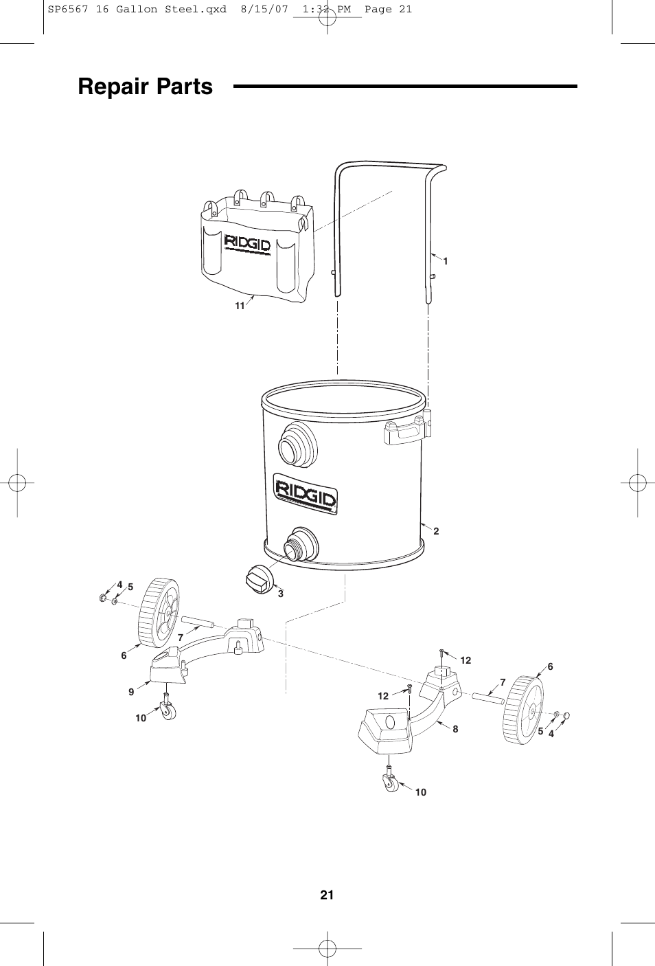 Repair parts | RIDGID WD1950 User Manual | Page 21 / 44