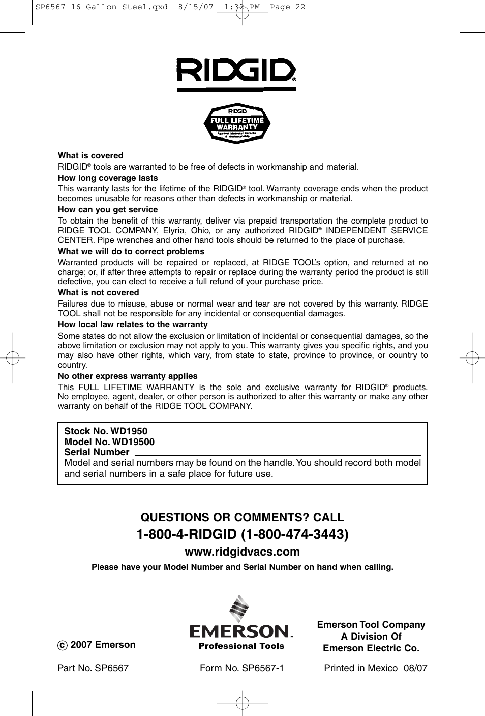 Questions or comments? call | RIDGID WD1950 User Manual | Page 22 / 44