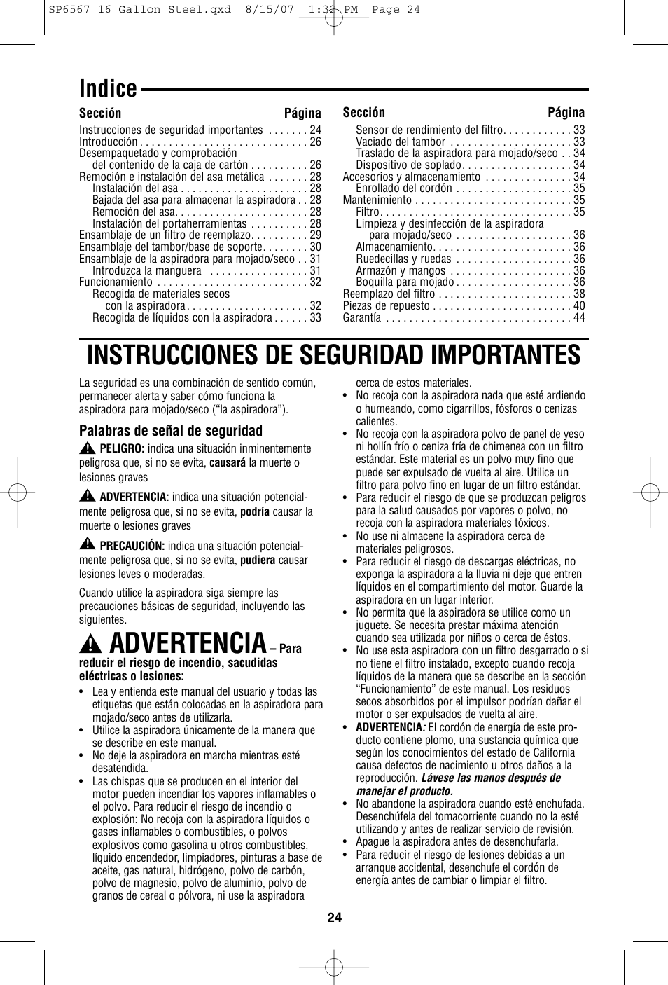 Advertencia, Instrucciones de seguridad importantes, Indice | RIDGID WD1950 User Manual | Page 24 / 44