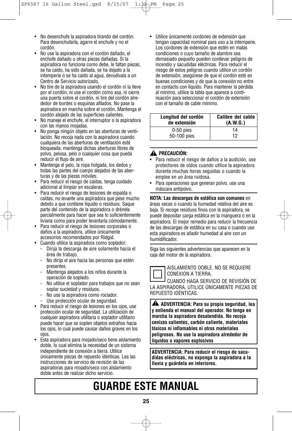 Guarde este manual | RIDGID WD1950 User Manual | Page 25 / 44