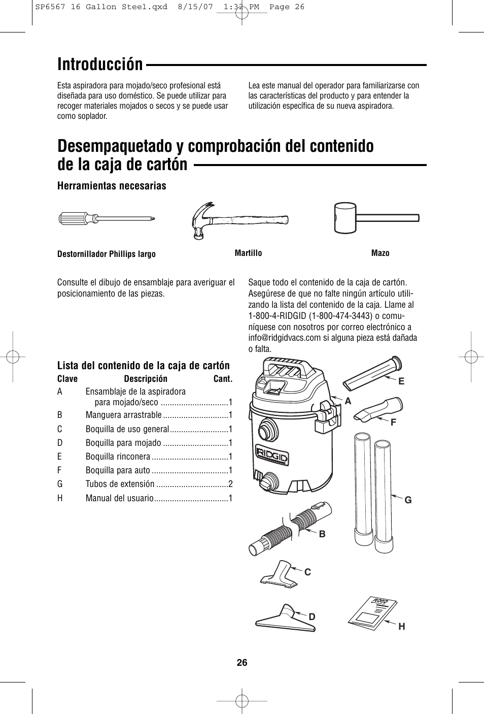 Introducción | RIDGID WD1950 User Manual | Page 26 / 44