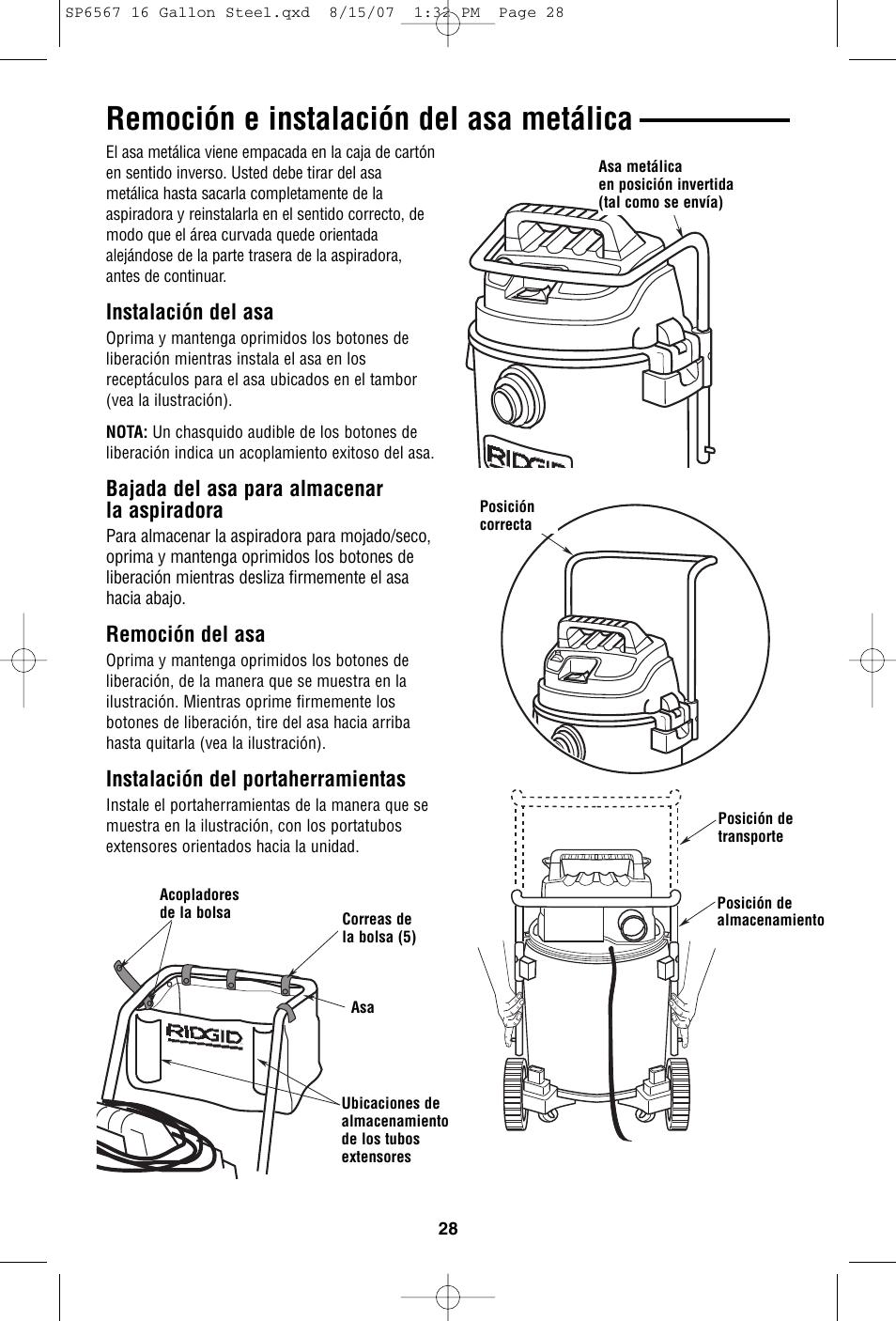 Remoción e instalación del asa metálica, Instalación del asa, Bajada del asa para almacenar la aspiradora | Remoción del asa, Instalación del portaherramientas | RIDGID WD1950 User Manual | Page 28 / 44