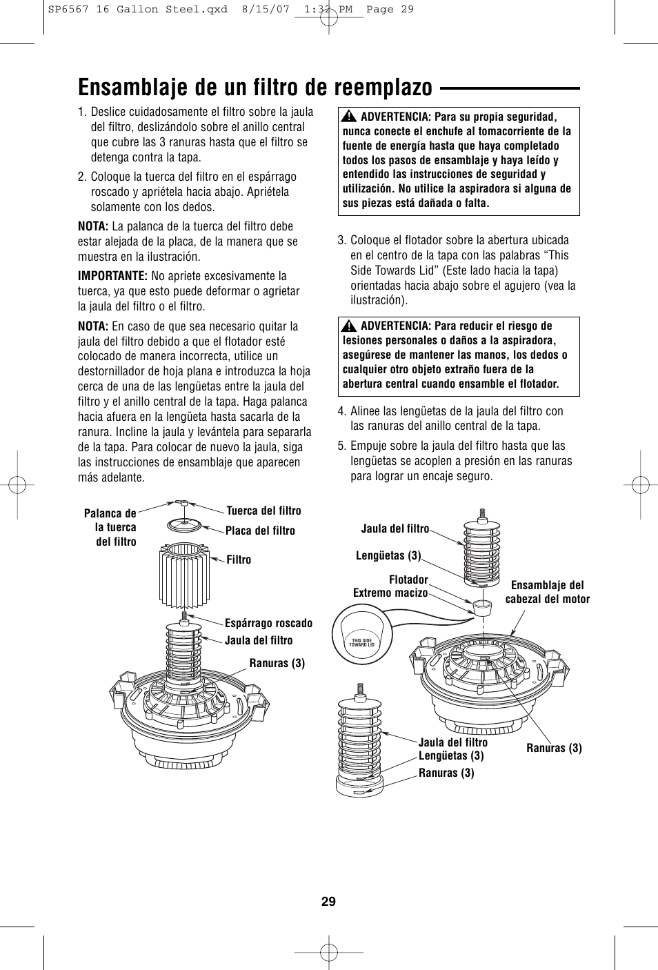 Ensamblaje de un filtro de reemplazo | RIDGID WD1950 User Manual | Page 29 / 44